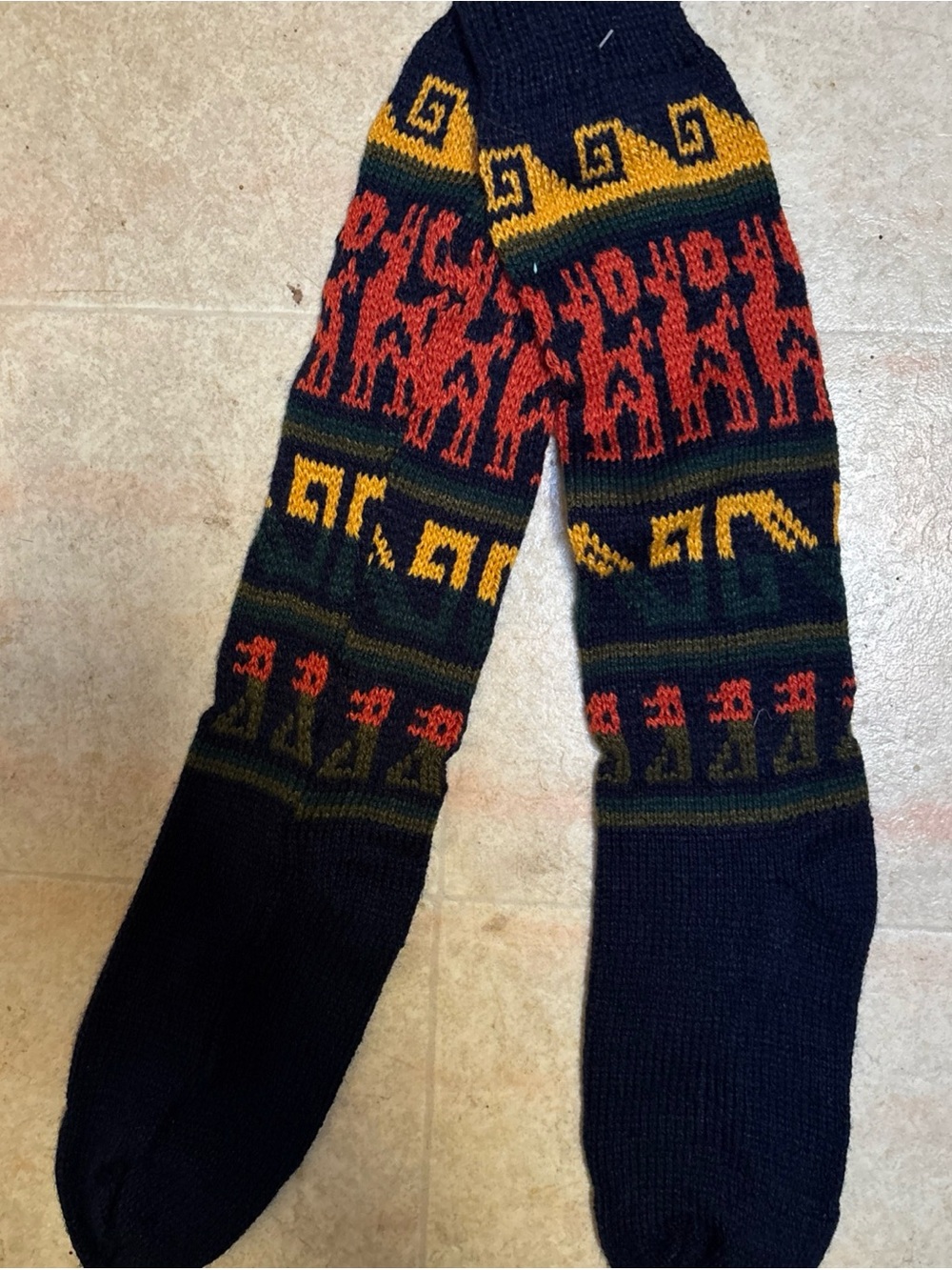 Women’s Patterned Knit Crew Socks - Navy with Red & Yellow Accents